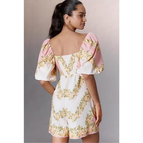 Farm Rio x Anthropologie V-Neck Puff-Sleeve Linen Blend Romper - Picture 4 of 15